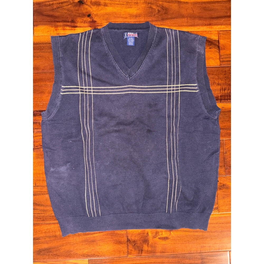 PGA Tour‎ Mens XL Navy Blue Yellow Windowpane V-Neck Knit Golf Sweater Vest